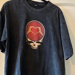 Black Graphic Tee with Skull and Heart Design